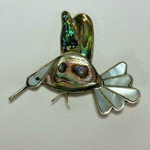 Vintage Signed Mexico Alpaca Silver MOP Abalone Shell Inlay Hummingbird Brooch
